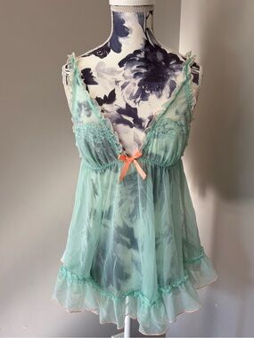 Y2K Victoria Secret Sheer Mint Ruffle Babydoll Chemise with Peach Accent